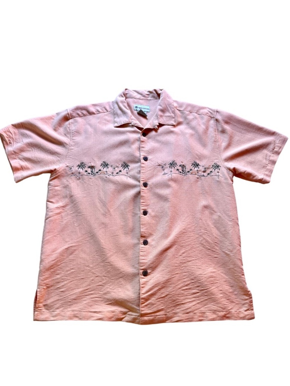 Vintage Embroidered Hawaiian Shirt Peach Orange Tropical Cocktails Vacation